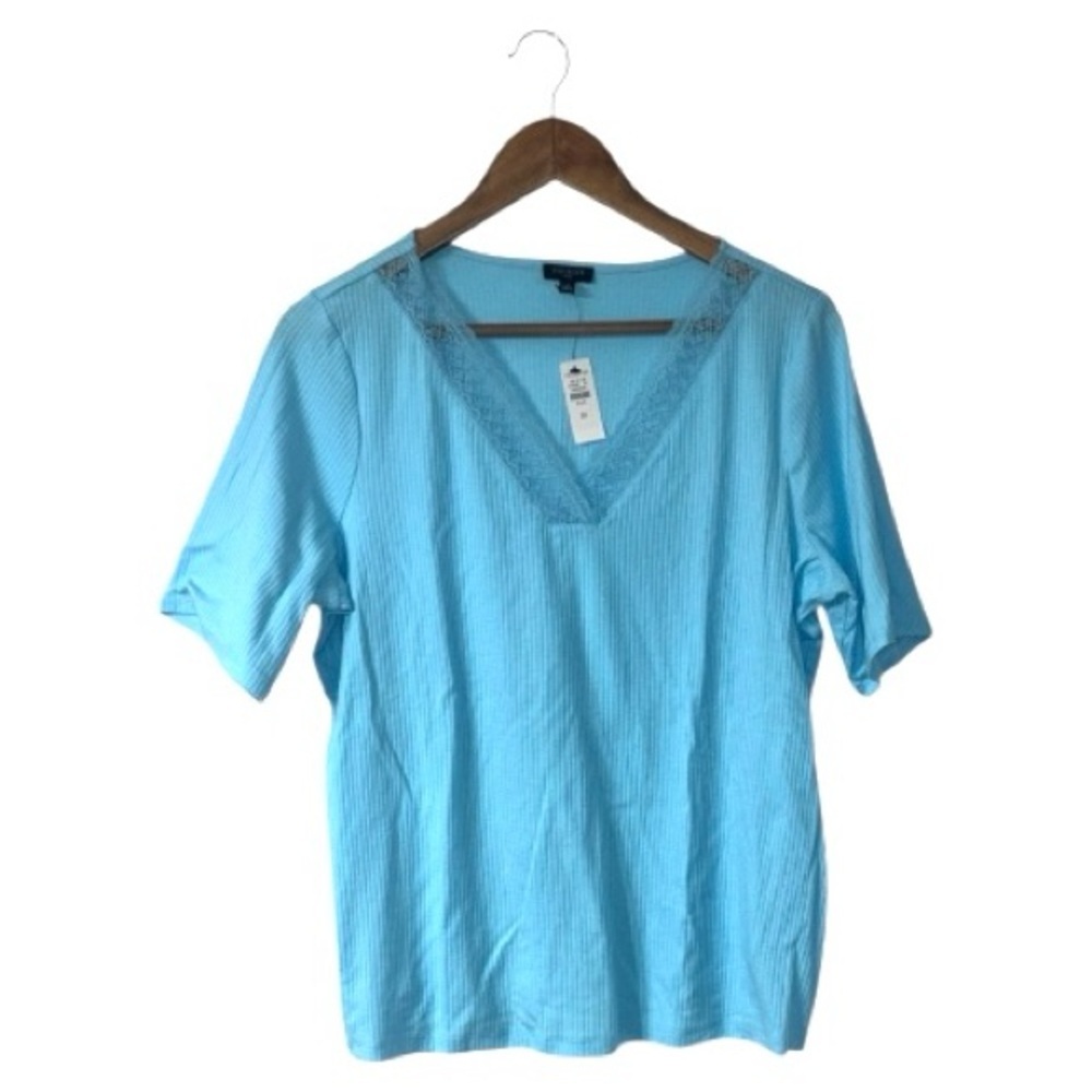 NEW Talbots Blue Lace T-Shirt V-Neck Ribbed Short Sleeve Tee Cotton Modal 1X